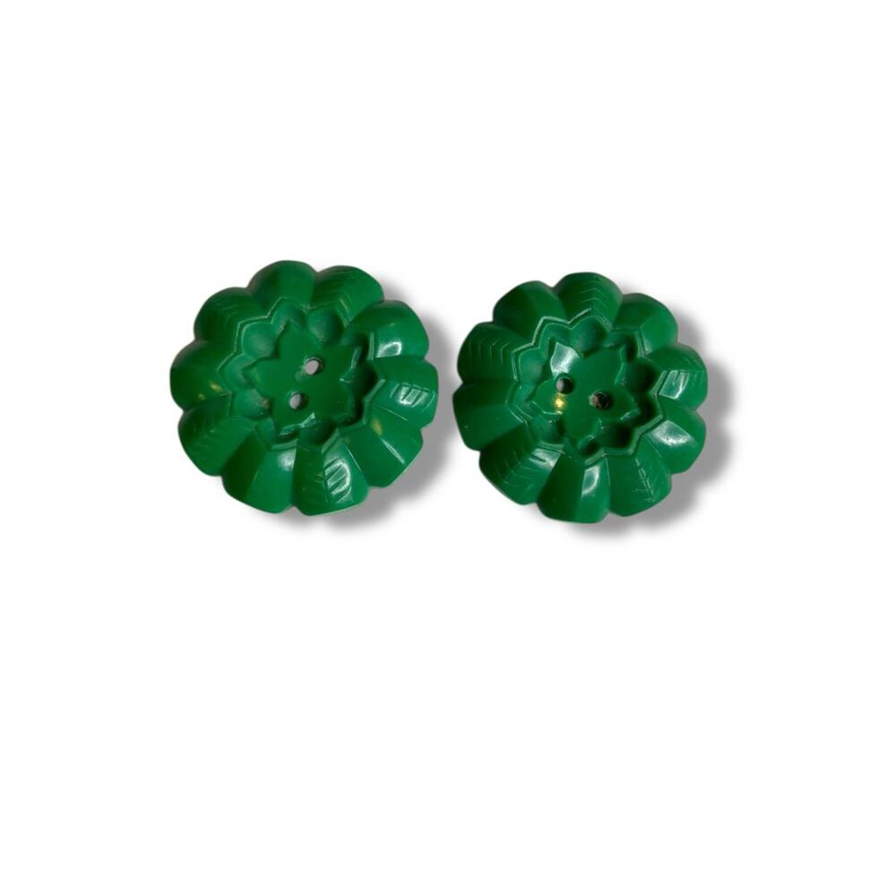 Set of 2 Green Midcentury Buttons Acrylic Flower Design 1.3" (34mm)
